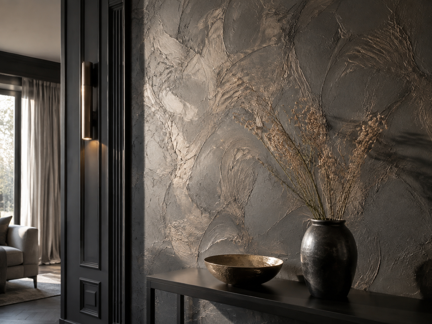 Decorative textured feature wall in an elegant metallic finish
