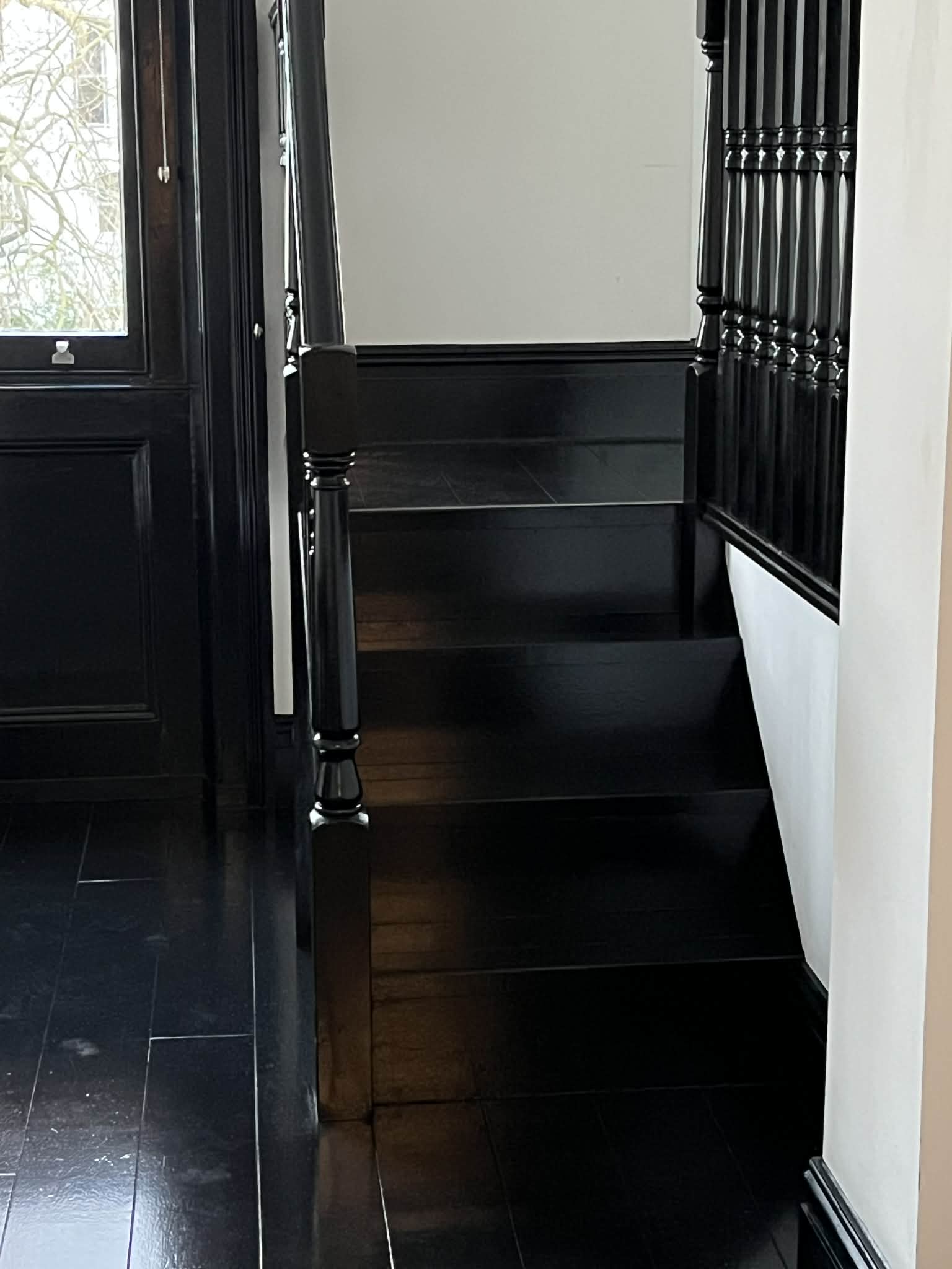 Gloss black staircase and white walls